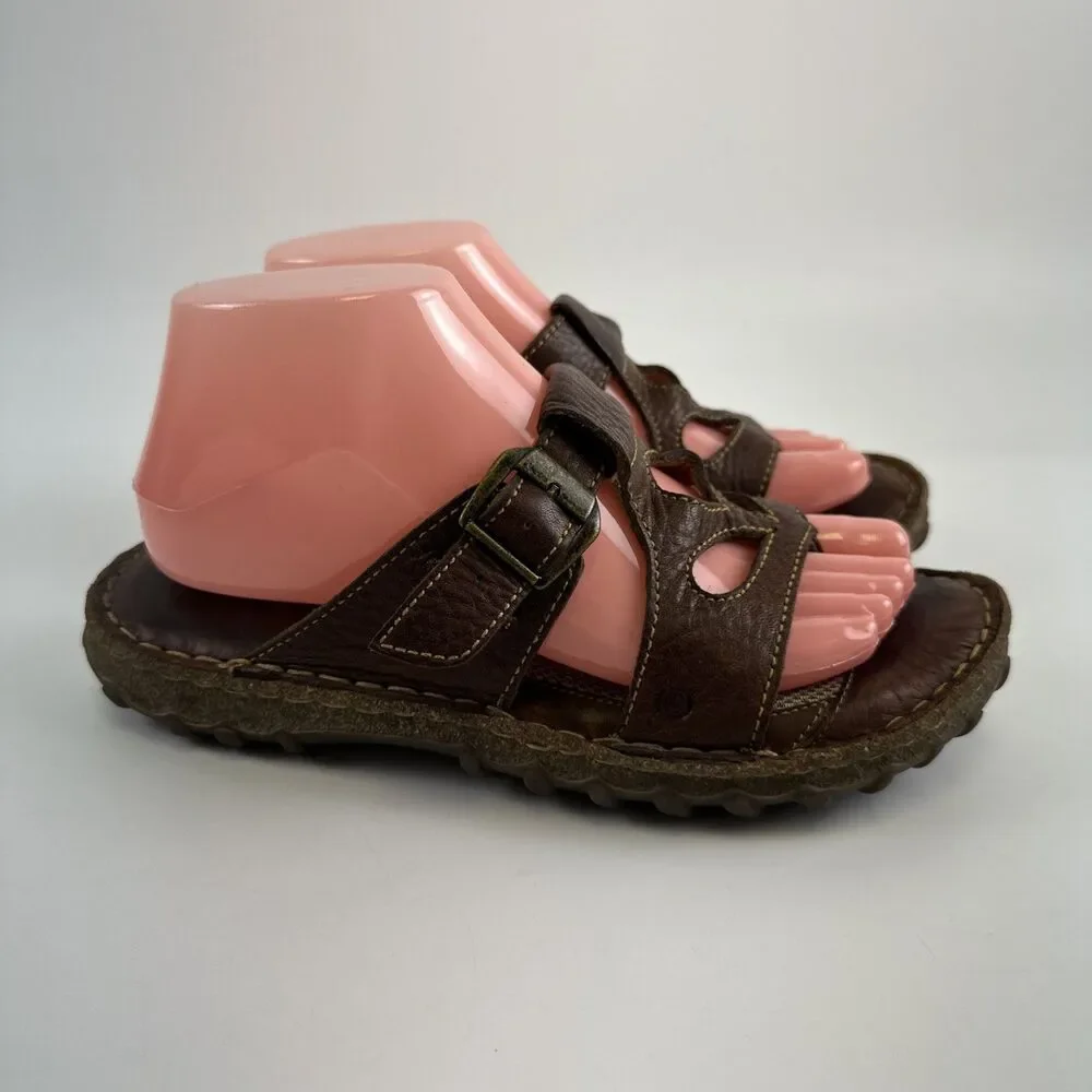 Born Judith‎ Sandal Brown Leather Slip On Cushioned Buckle Lug Sole Y2K Womens 8